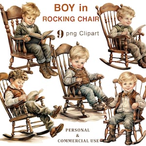 9 jongen in schommelstoel clipart, schommelstoel PNG-clipart, kleine jongens graphics voor junk Journal, scrapbooking, kortstondige, digitale download