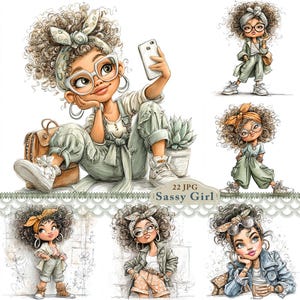 May include: Digital illustration of a sassy girl with curly hair, glasses, and a headband, taking a selfie with a phone. She is wearing overalls and trainers. Additional illustrations of the same character in different poses are also included.