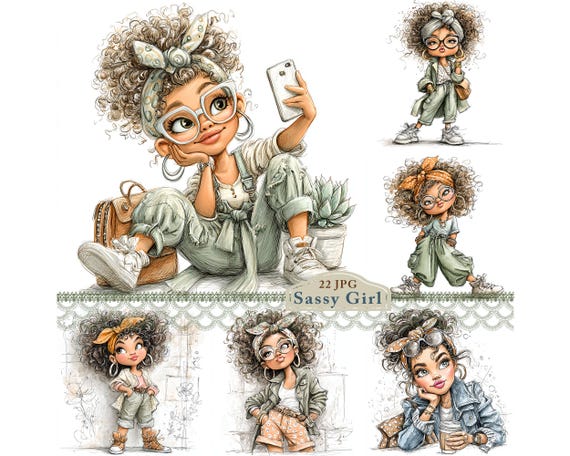 Sassy Girl Clipart, Fashion Teen JPG Digital Illustration for Card Making, Junk Journal