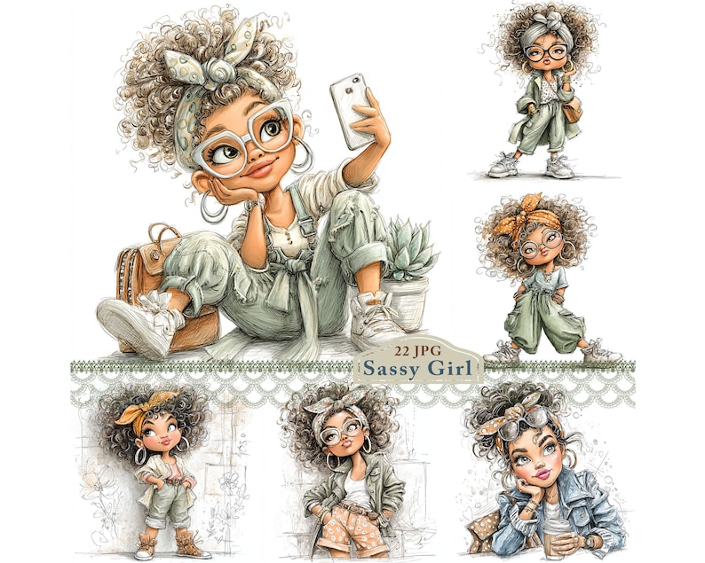 May include: Digital illustration of a sassy girl with curly hair, glasses, and a headband, taking a selfie with a phone. She is wearing overalls and trainers. Additional illustrations of the same character in different poses are also included.