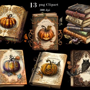 Halloween Bücher Aquarell Clipart, Kürbis Zauberbücher, PNG Clip Art Set, Halloween Grafiken, Papierhandwerk, Junk Journal, kommerzielle Nutzung Bild 4