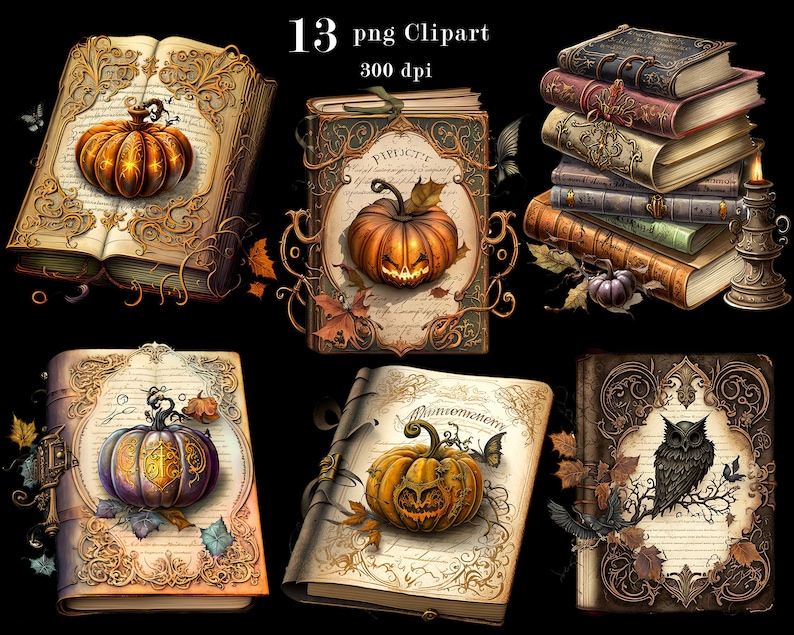 Halloween Bücher Aquarell Clipart, Kürbis Zauberbücher, PNG Clip Art Set, Halloween Grafiken, Papierhandwerk, Junk Journal, kommerzielle Nutzung Bild 4