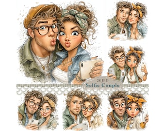 Selfie Couple Clipart, Romantic Teens Telephone, Digital JPG Illustrations for Stickers, Scrapbooks, Junk Journals