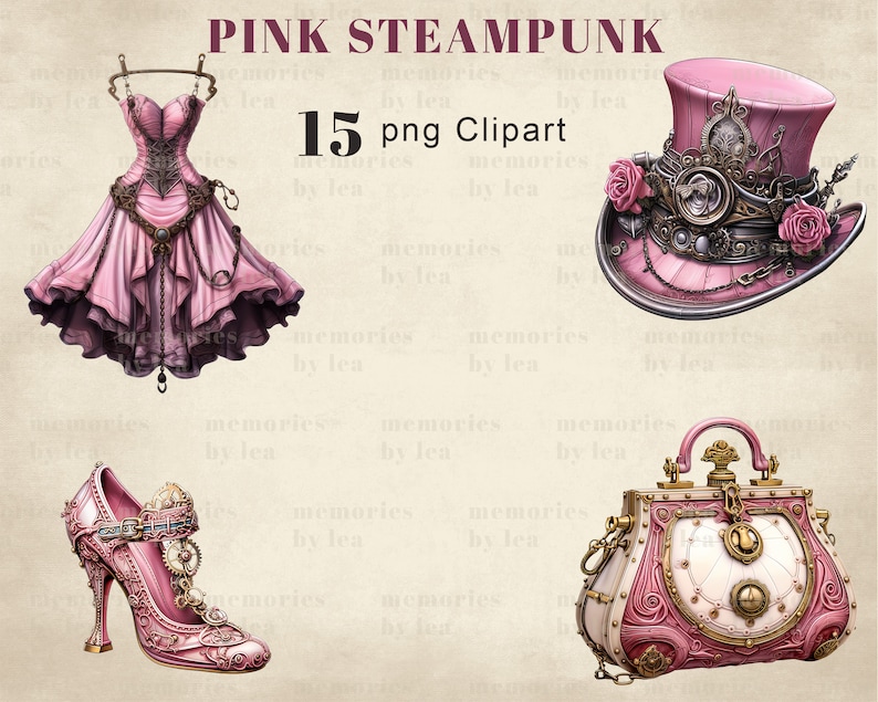 May include: A set of 15 pink steampunk themed digital clipart images. The set includes a pink dress, a pink top hat with gears and a clock face, a pink shoe with gears and a clock face, and a pink purse with gears and a clock face.