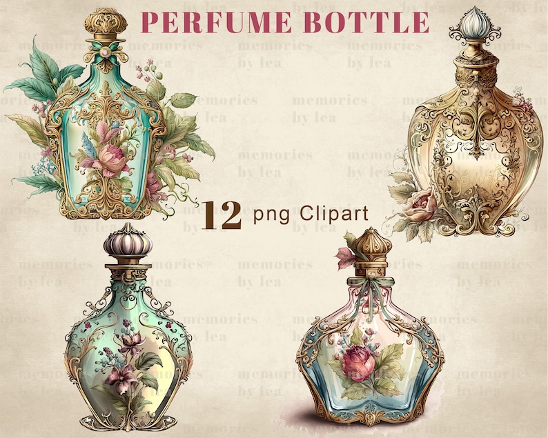 Akvarell parfymflaskor Clipart, Shabby Chic PNG (digital nedladdning) bild 6
