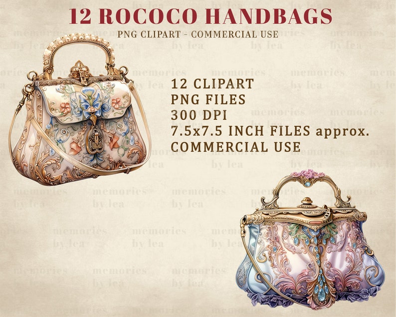 Puede incluir: Dos bolsos de estilo vintage adornados con intrincados detalles dorados y motivos florales. Los bolsos est&aacute;n sobre un fondo beige con el texto "12 ROCOCO HANDBAGS" y "PNG CLIPART - COMMERCIAL USE" encima.