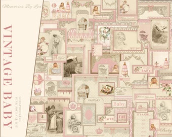 May include: A vintage baby scrapbook kit with pink and cream colored paper, images, and text. The kit includes a variety of elements, such as baby carriages, flowers, and a stork. The text includes phrases like "Sweet Baby", "Hello Baby", and "It's a Girl".