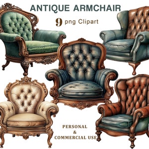 Antik fåtölj Clipart, Vintage fåtölj PNG Clipart, Möbler, Fåtölj, Stol Grafik för Junk Journal, Scrapbooking, Digital Nedladdning