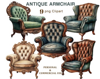 Antique Armchair Clipart, Vintage Armchair PNG Clipart, Furniture, Armchair, Chair Graphics for Junk Journal, Scrapbooking, Digital Download