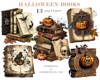 Halloween Books Watercolor Clipart, Pumpkin Spell Books, PNG Clip Art Set, Halloween Graphics, Paper Crafts, Junk Journal, Commercial use