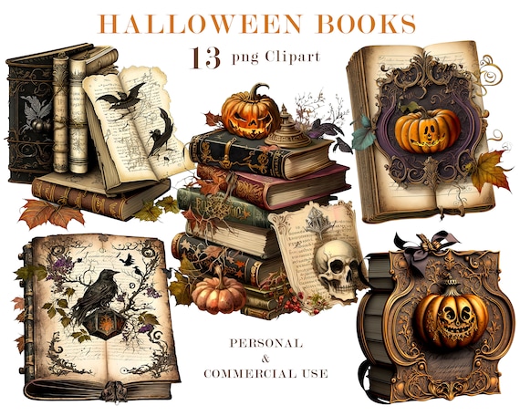 Halloween Books Watercolor Clipart, Pumpkin Spell Books, PNG Clip Art Set, Halloween Graphics, Paper Crafts, Junk Journal, Commercial use