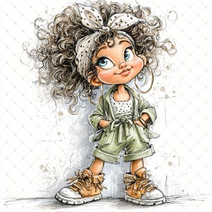 May include: Illustration of a girl with curly brown hair wearing a white polka dot headband, top, and olive green shorts and jacket. She is wearing gold hoop earrings and brown and white trainers. The image has a watercolor style.