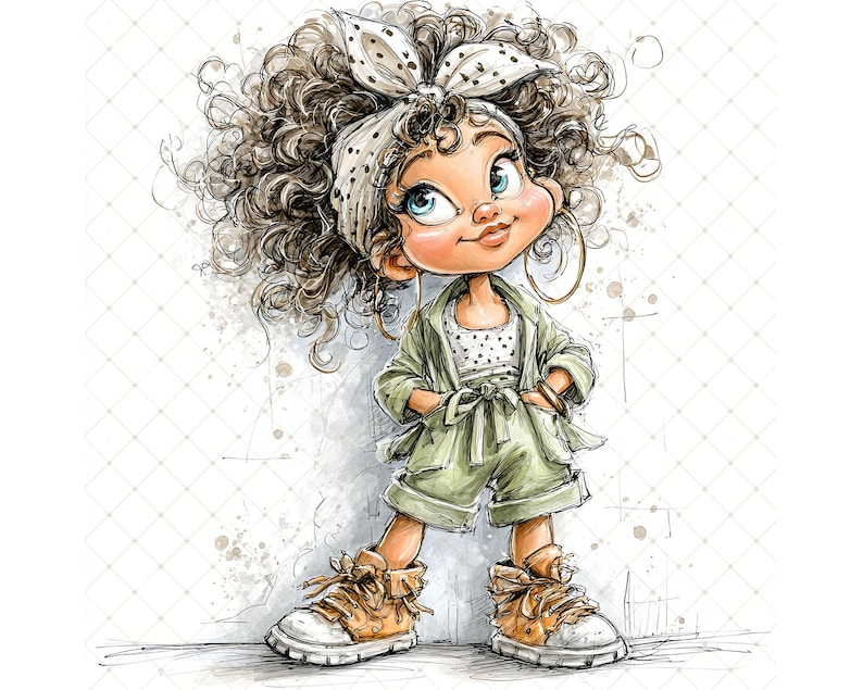 May include: Illustration of a girl with curly brown hair wearing a white polka dot headband, top, and olive green shorts and jacket. She is wearing gold hoop earrings and brown and white trainers. The image has a watercolor style.