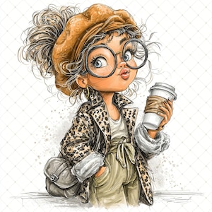 May include: A watercolour illustration of a girl in a beret, round glasses, and a leopard print jacket, holding a coffee cup. She has a shoulder bag and is wearing a stylish outfit. The artwork has soft colours and a curly hairstyle.