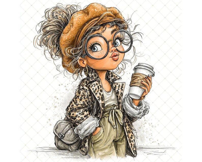 May include: A watercolour illustration of a girl in a beret, round glasses, and a leopard print jacket, holding a coffee cup. She has a shoulder bag and is wearing a stylish outfit. The artwork has soft colours and a curly hairstyle.