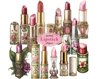 Op de afbeelding: Een verzameling vintage lipsticks in verschillende tinten roze, rood en nude. De lipsticks zitten in sierlijke, decoratieve tubes met bloemen- en ornamentale ontwerpen. De afbeelding bevat de tekst "30 PNG Lipstick clipart".
