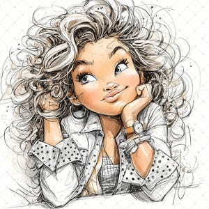 May include: A sketched illustration of a person with curly hair, resting their chin on their hand. They are wearing a white shirt with black polka dots and a watch with a brown leather strap. The artwork has a sketched style.