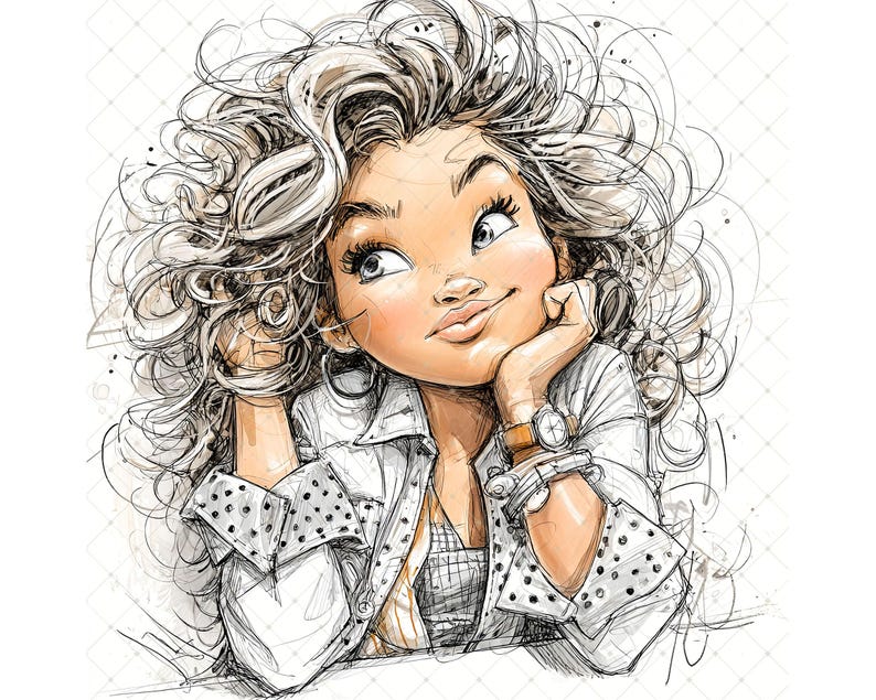 May include: A sketched illustration of a person with curly hair, resting their chin on their hand. They are wearing a white shirt with black polka dots and a watch with a brown leather strap. The artwork has a sketched style.