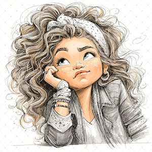 May include: A sketch-style illustration of a person with curly brown hair, freckles, and a white polka dot headband. The person is wearing a grey jacket, a white shirt, and bracelets, gazing upwards with a contemplative expression. The artwork has a sketch-like style.
