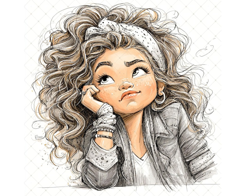 May include: A sketch-style illustration of a person with curly brown hair, freckles, and a white polka dot headband. The person is wearing a grey jacket, a white shirt, and bracelets, gazing upwards with a contemplative expression. The artwork has a sketch-like style.