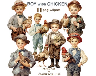 Boy With Chicken Clipart, Farm Boy PNG Clipart, Farm Animals, Farm Lifestyle, Farmhouse, Junk Journal, Scrapbooking, Digital Download