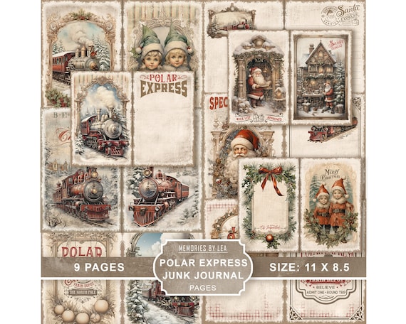 Christmas Junk Journal Pages, Polar Express, Vintage, Holiday, Train, Ephemera, Crafting Kit, Printable, Scrapbook Paper, Digital Download
