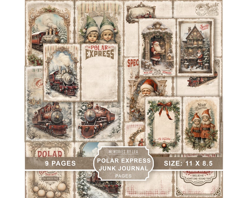 May include: A vintage-style junk journal kit with a Christmas theme. The cover features a red train with the words "Polar Express" and "Memories by Lea". The kit includes 9 pages, each with a different design featuring trains, elves, Santa Claus, and other Christmas imagery. The journal is 11 inches by 8.5 inches.