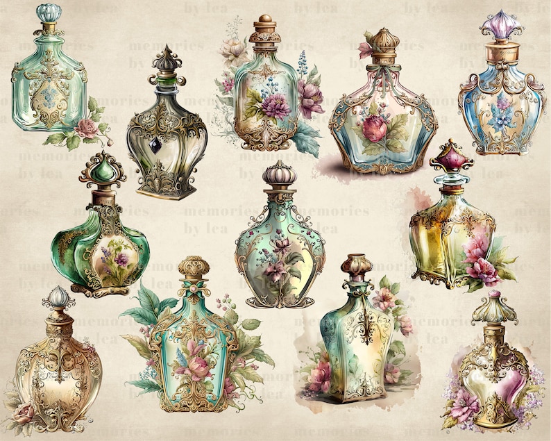 Akvarell parfymflaskor Clipart, Shabby Chic PNG (digital nedladdning) bild 9