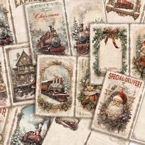 May include: A collection of vintage Christmas cards featuring images of trains, Santa Claus, and children. The cards have a rustic, antique aesthetic with a cream background and gold accents. The text on the cards includes "Believe in the Miracle of Christmas", "Special Delivery", and "Merry Christmas".