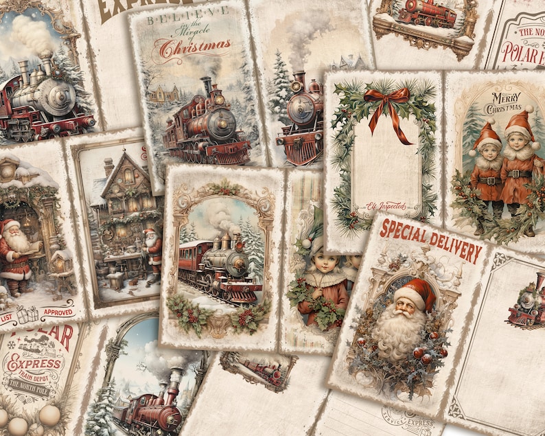 May include: A collection of vintage Christmas cards featuring images of trains, Santa Claus, and children. The cards have a rustic, antique aesthetic with a cream background and gold accents. The text on the cards includes "Believe in the Miracle of Christmas", "Special Delivery", and "Merry Christmas".