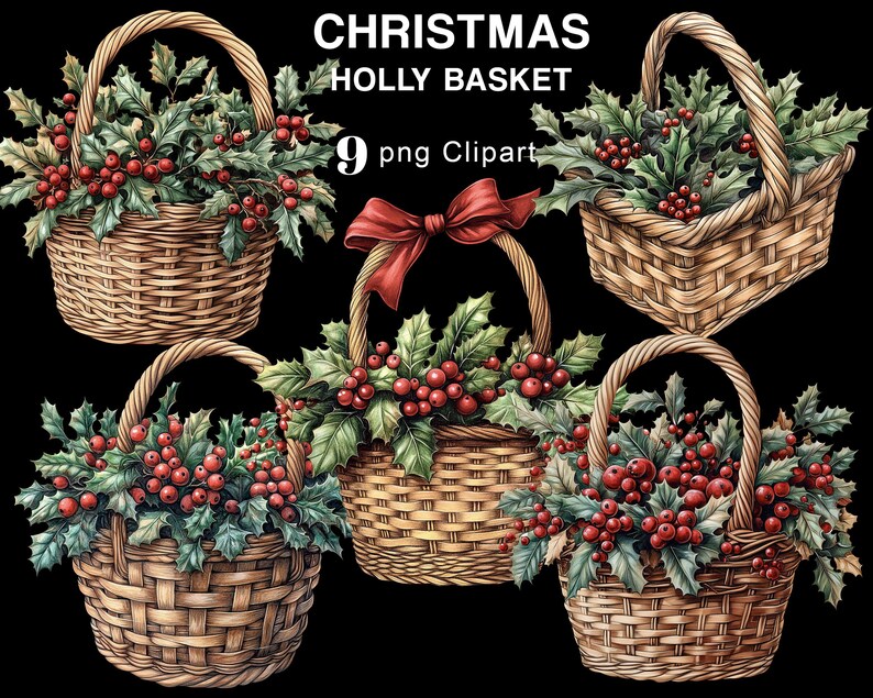 Christmas Holly Basket Clipart, Vintage Holly With Berries PNG Clipart ...
