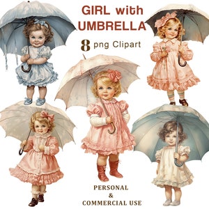Niña con paraguas Clipart, Niña vintage con vestido rosa PNG Clipart, Niña en azul, Diario basura, Scrapbooking, Descarga digital