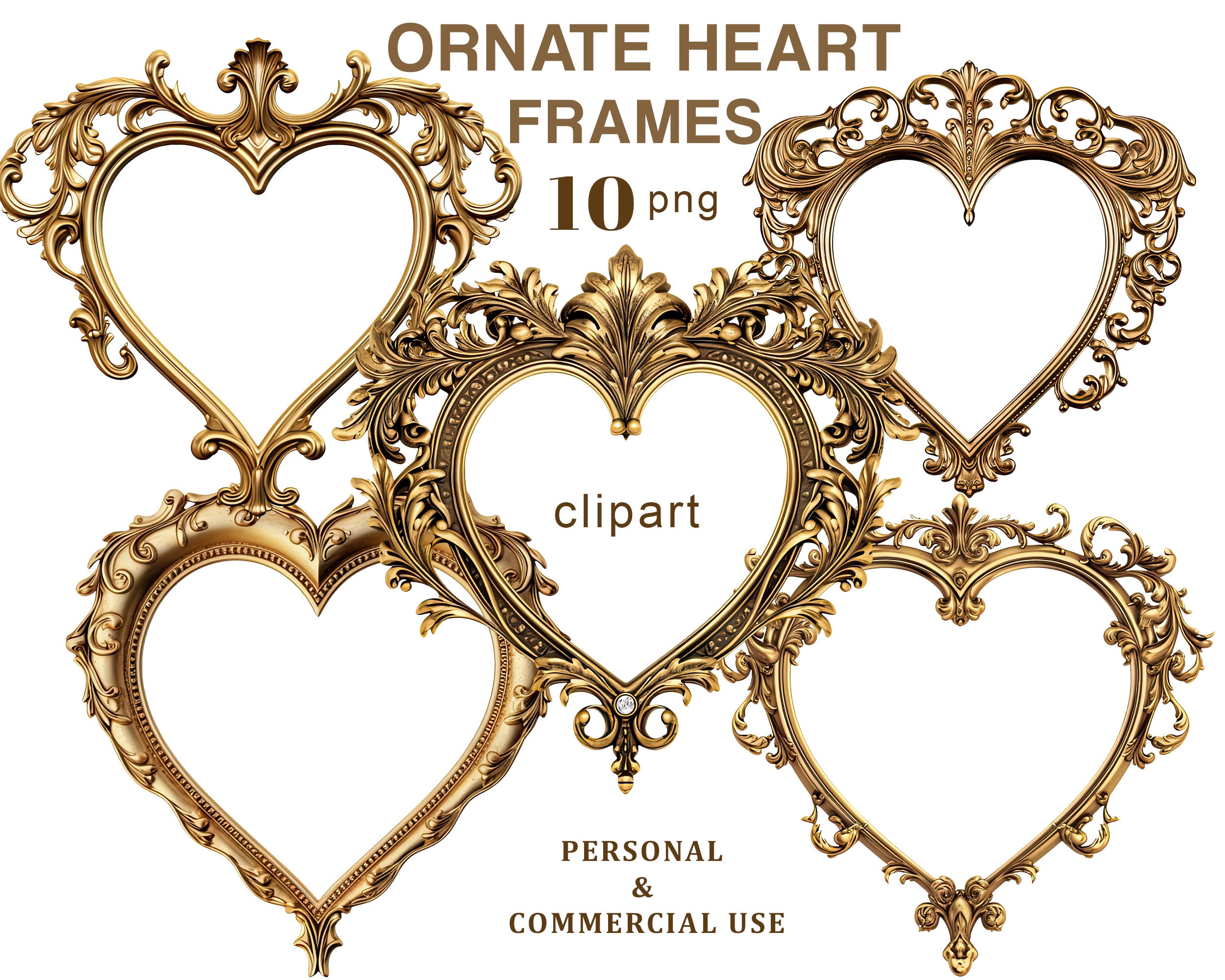 Vintage Ornate Heart Frames Clipart, Antique Frames PNG Clip Art