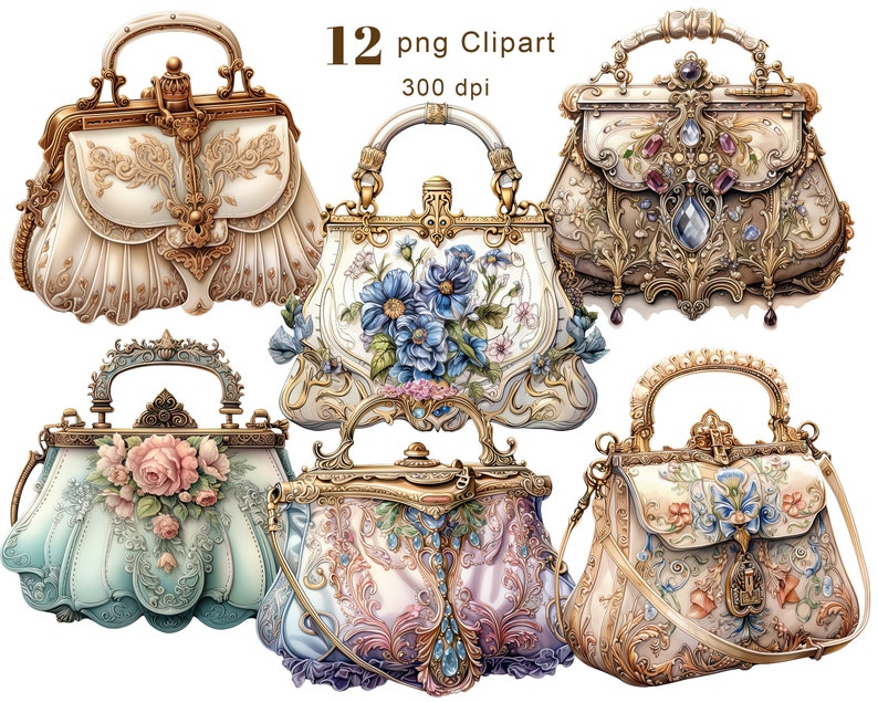 Puede incluir: Seis bolsos de estilo vintage adornados con detalles intrincados. Cada bolso presenta un dise&ntilde;o diferente con patrones florales, joyas y detalles dorados. Los bolsos est&aacute;n todos cerrados y tienen un asa.