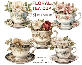 Può includere: Nove immagini digitali di clipart di tazze da tè con motivi floreali. Ogni tazza da tè è decorata con diversi fiori, tra cui rose, e ha un piattino abbinato. Le tazze da tè sono bianche con bordi dorati e motivi floreali.