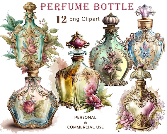 Watercolor Perfume Bottles Clipart, Shabby Chic PNG (Digital Download)