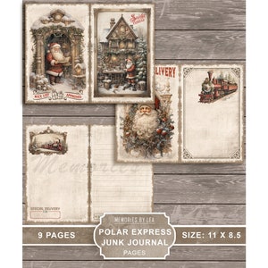 May include: A vintage-style junk journal with a Christmas theme. The cover features a red train, a Santa Claus figure, and a building with a sign that says "Santa's Post Office". The journal has 9 pages and measures 11 inches by 8.5 inches.