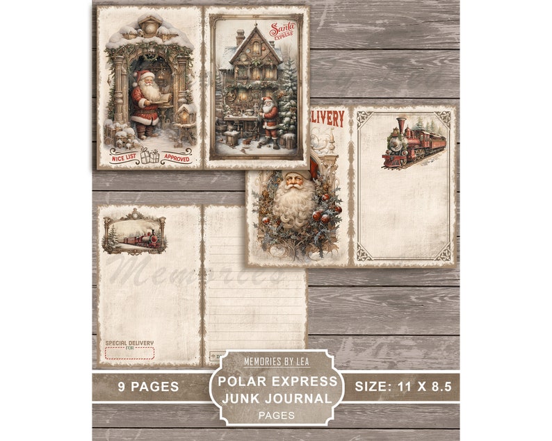 May include: A vintage-style junk journal with a Christmas theme. The cover features a red train, a Santa Claus figure, and a building with a sign that says "Santa's Post Office". The journal has 9 pages and measures 11 inches by 8.5 inches.