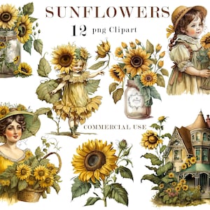 Sunflower Watercolor Clipart, Sunflower Illustrations, Sunflower wreath, Sunflower Girl, Sunflower PNG Clip art Set, Commercial use