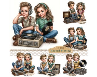 Puede incluir: Ilustración digital de niños con tocadiscos y discos de vinilo vintage. La imagen muestra múltiples escenas de niños con ropa retro, algunos con auriculares. El texto "21 JPG Record Playing" es visible.