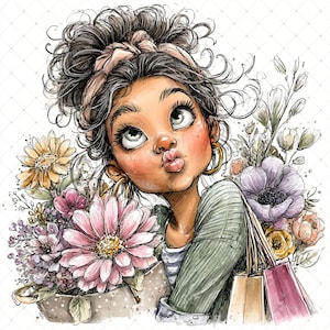 May include: A watercolour illustration of a person with dark hair in a bun, wearing a green sweater and gold hoop earrings. The person is puckering their lips and looking upwards. A bouquet of flowers and shopping bags are also in the image.