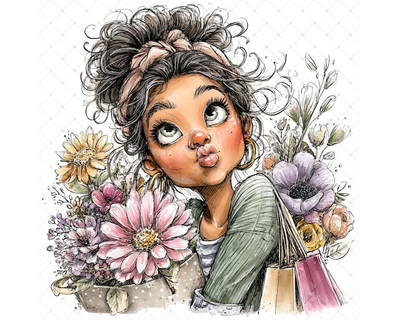 May include: A watercolour illustration of a person with dark hair in a bun, wearing a green sweater and gold hoop earrings. The person is puckering their lips and looking upwards. A bouquet of flowers and shopping bags are also in the image.