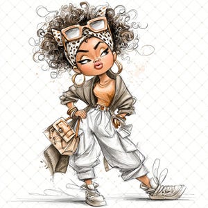 May include: A cartoon illustration of a character in a trendy outfit. The character is wearing a tan top, white trousers, a brown jacket, and trainers. Accessories include a leopard print headscarf, sunglasses, and a handbag. The artwork has a sketch-like style.
