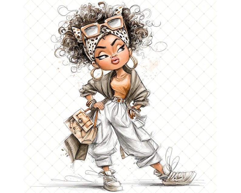 May include: A cartoon illustration of a character in a trendy outfit. The character is wearing a tan top, white trousers, a brown jacket, and trainers. Accessories include a leopard print headscarf, sunglasses, and a handbag. The artwork has a sketch-like style.