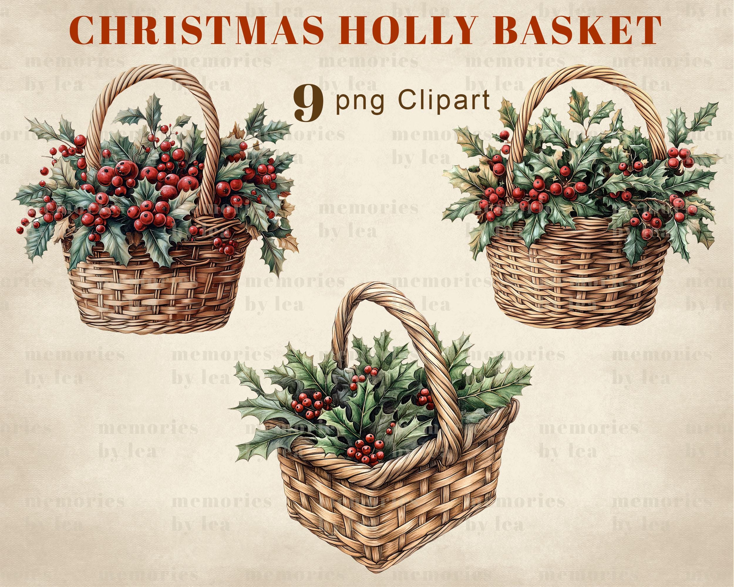 Christmas Holly Basket Clipart, Vintage Holly With Berries PNG Clipart ...