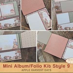 Op de afbeelding: Een meerdelige mini-album folio knutselset van papier met een appeloogstthema. Het ontwerp bevat rode vichy-ruitpatronen, groene bloemenprints en illustraties van kinderen met appelmanden. De tekst luidt Apple Harvest Days en Things grow in Grateful Hearts.