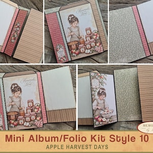 Könnte beinhalten: Ein Mini-Album-Folio-Set aus Papier mit Apfelernte-Motiv. Das Design enthält Illustrationen einer Person beim Marmeladekochen, Gläser mit Eingemachtem und Äpfel, mit dem Text "Homemade with Love" und "Life is Sweet in the Orchard."