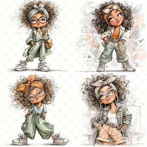 May include: Four illustrations of a stylish girl with curly hair, wearing glasses, and fashionable outfits. Each image features a different outfit, including jackets, trousers, and trainers. The color palette includes shades of green, orange, and neutral tones.