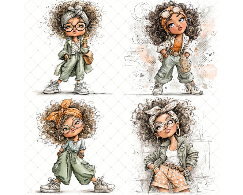 May include: Four illustrations of a stylish girl with curly hair, wearing glasses, and fashionable outfits. Each image features a different outfit, including jackets, trousers, and trainers. The color palette includes shades of green, orange, and neutral tones.