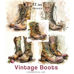 Vintage acuarela botas clipart, botas de botón alto gráficos JPG para diario basura, scrapbooking, efímera, fabricación de papel, descarga digital
